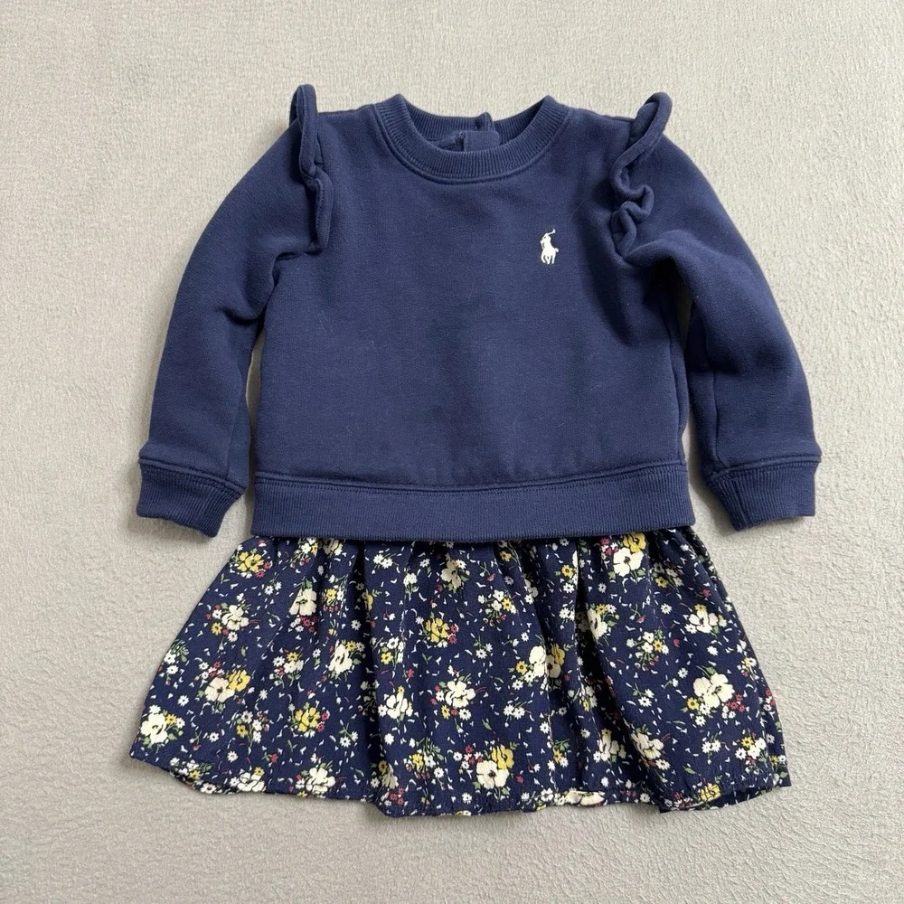 Ralph‎ Lauren Baby Dress 9 Mo Blue Floral Skirt Sweatshirt Ruffle Pony Logo
